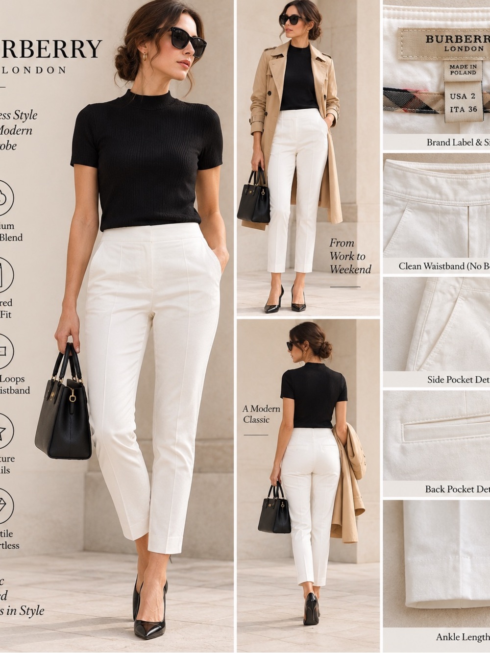 Burberry London White Fully Lined Pencil Ankle Pants Size 2